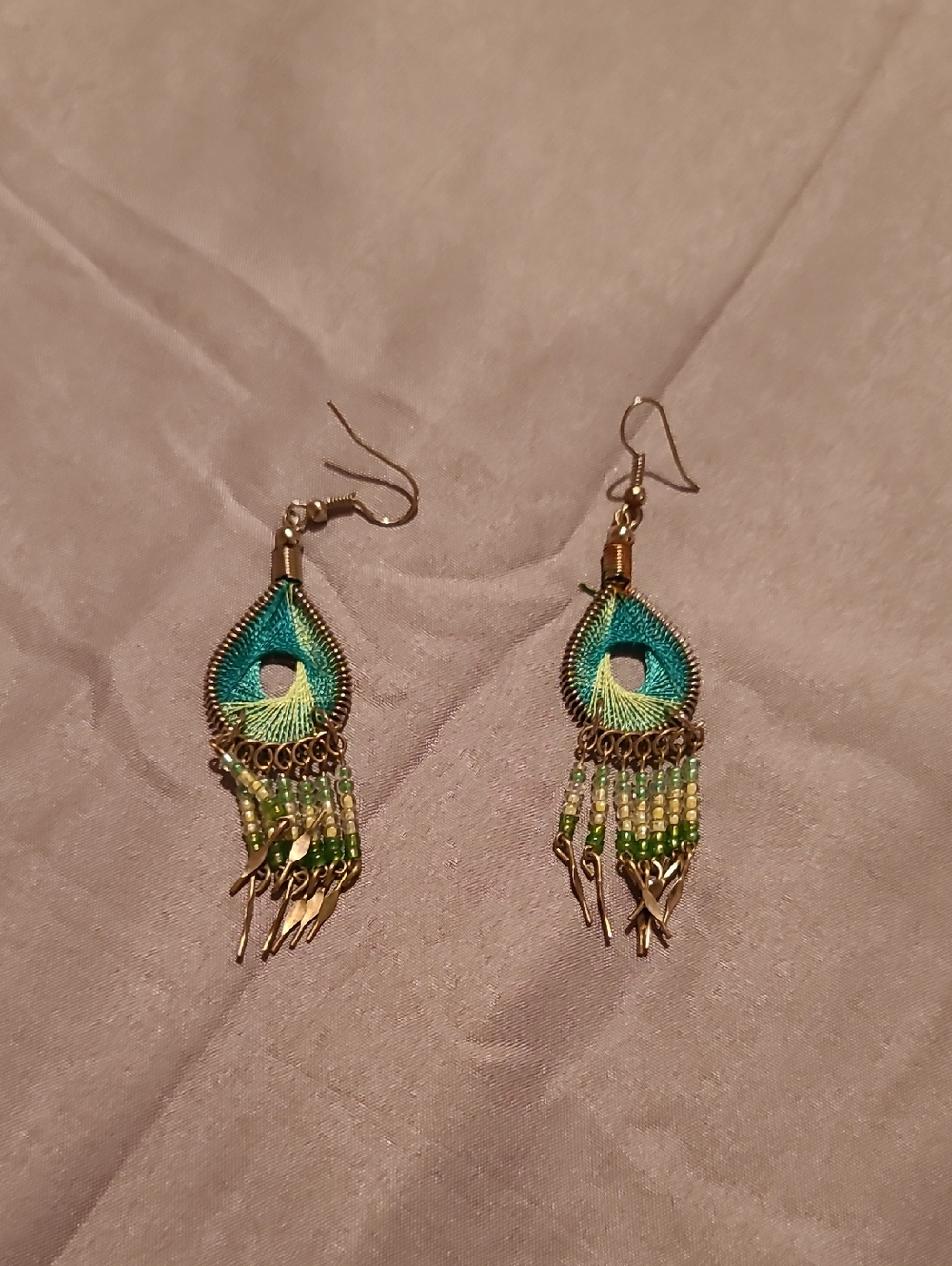 Teardrop Green & Turquoise Threaded Bead Dangle Earrings
